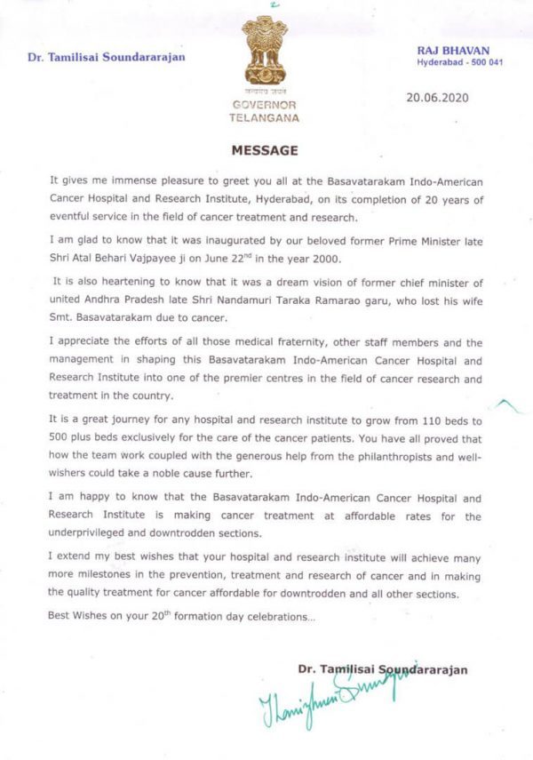 Blessing Message from Hon'ble Telangana Governor to Basavatarakam Cancer Hospital
